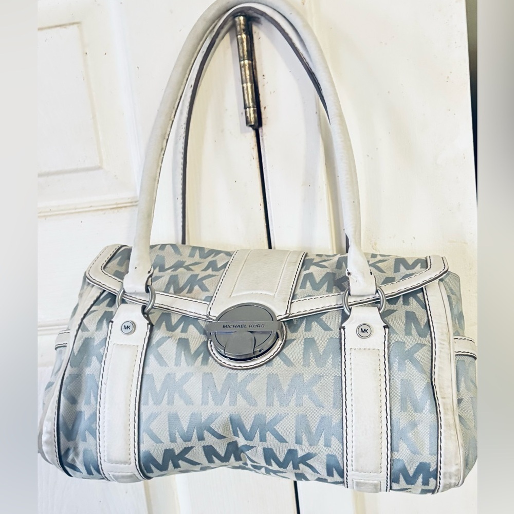 Michael Kors Baby Blue and White Monogram Canvas Leather Shoulder Handbag